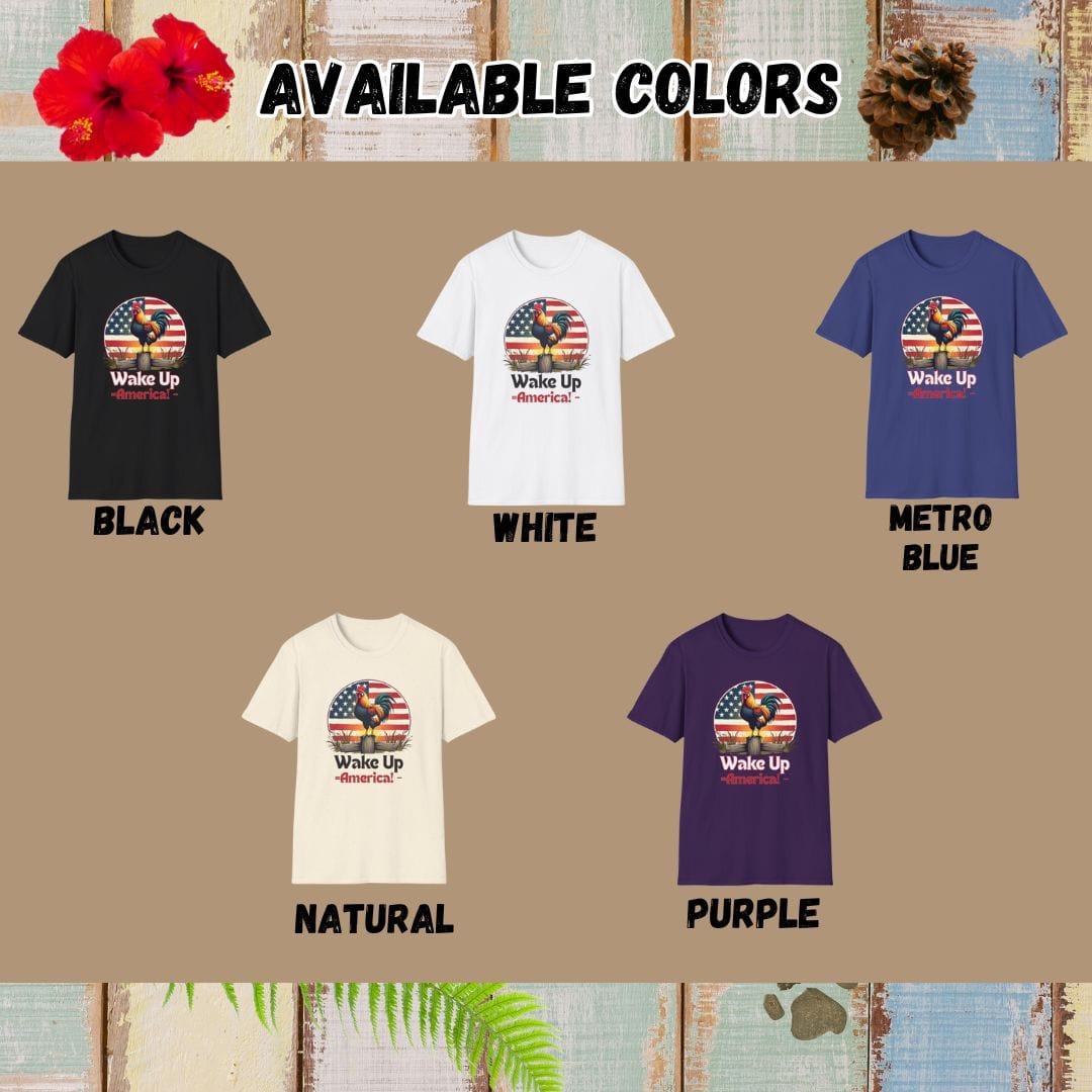 Rooster Tee – Wake Up America – Bold Vibrant Art
