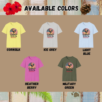 Rooster Tee – Wake Up America – Bold Vibrant Art