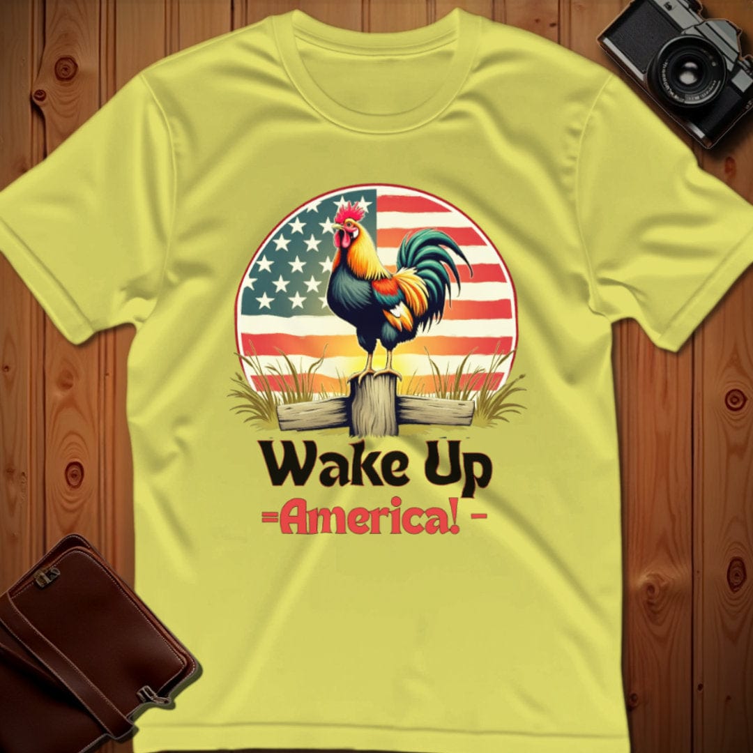 Rooster Tee – Wake Up America – Bold Vibrant Art