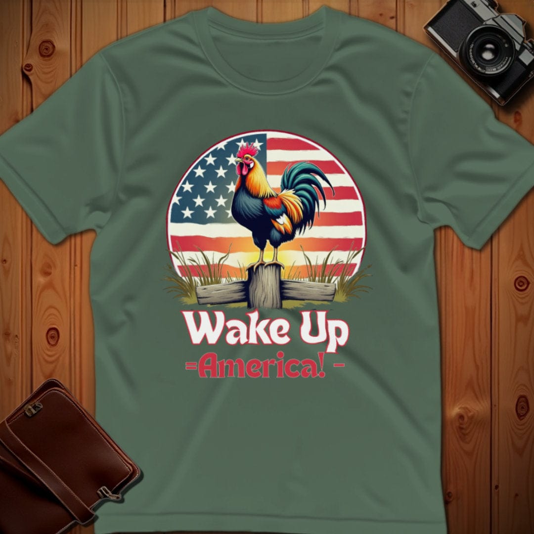 Rooster Tee – Wake Up America – Bold Vibrant Art
