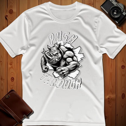 Rhino Tee – Push Through Charge – Bold Vibrant Art