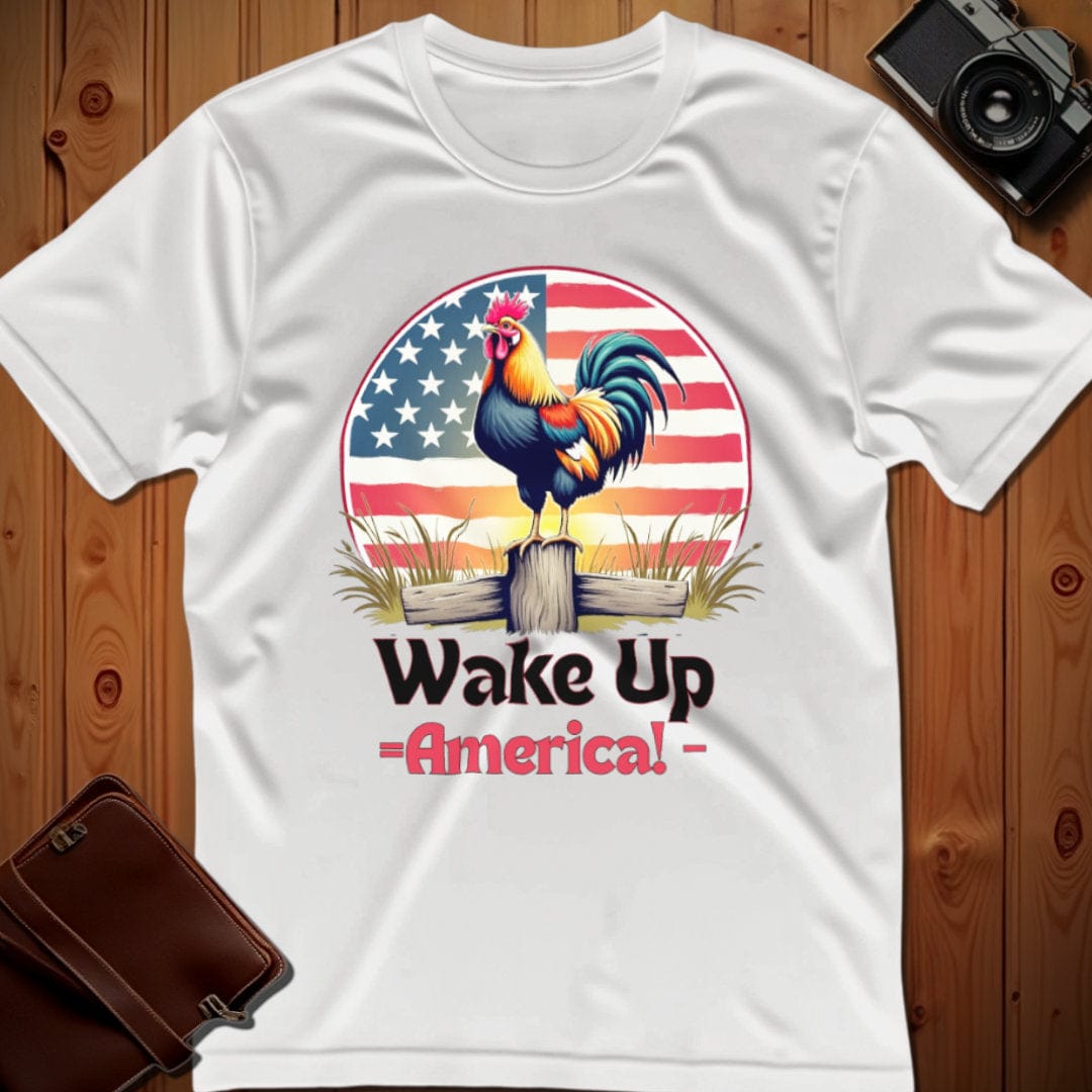 Rooster Tee – Wake Up America – Bold Vibrant Art